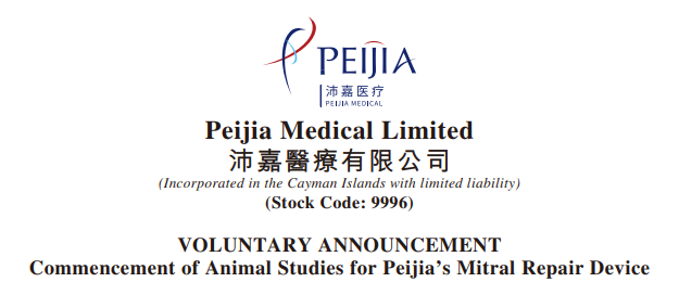 VOLUNTARY ANNOUNCEMENT Commencement of Animal Studies for Peijia’s Mitral Repair Device