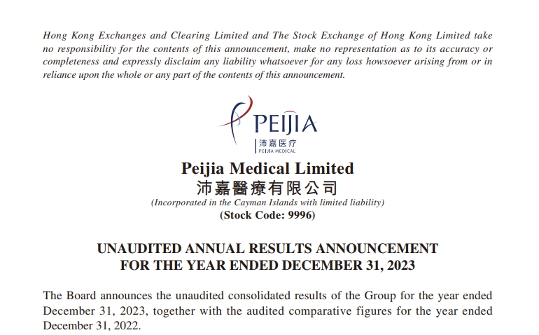 PEIJIA MEDICAL ANNOUNCED  UNAUDITED 2023 ANNUAL RESULTS