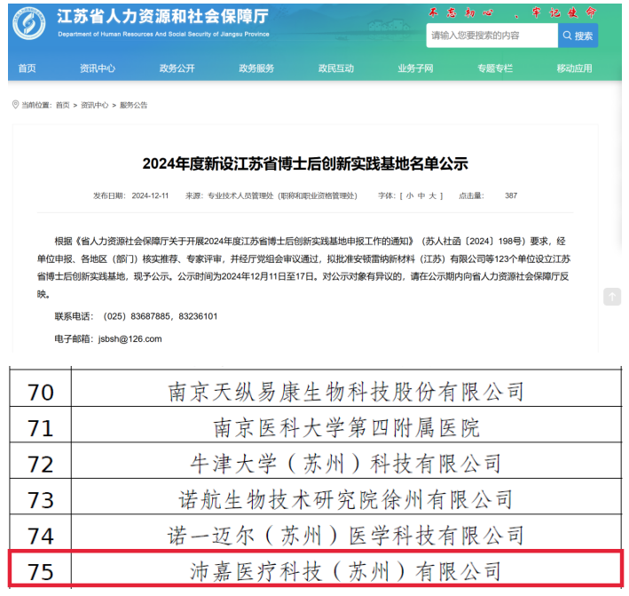 PEIJIA MEDICAL APPROVED AS JIANGSU PROVINCEPOSTDOCTORAL INNOVATION PRACTICE BASE